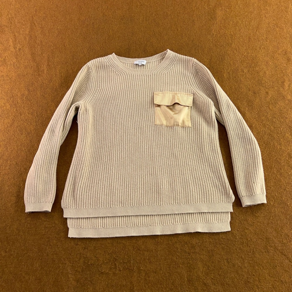 J. Society Womens M Beige Contrast Pocket Ribbed Knit Pullover Sweater New